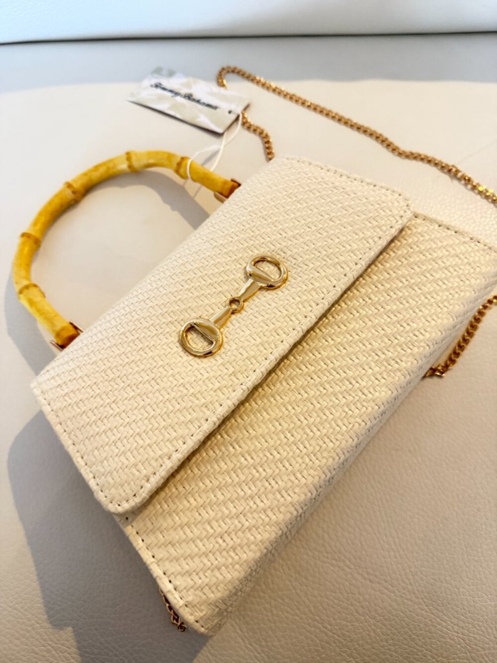 NWT Tommy Bahama Woven Raffia Bamboo Handle Satchel Crossbody bag Natural - Picture 4 of 6